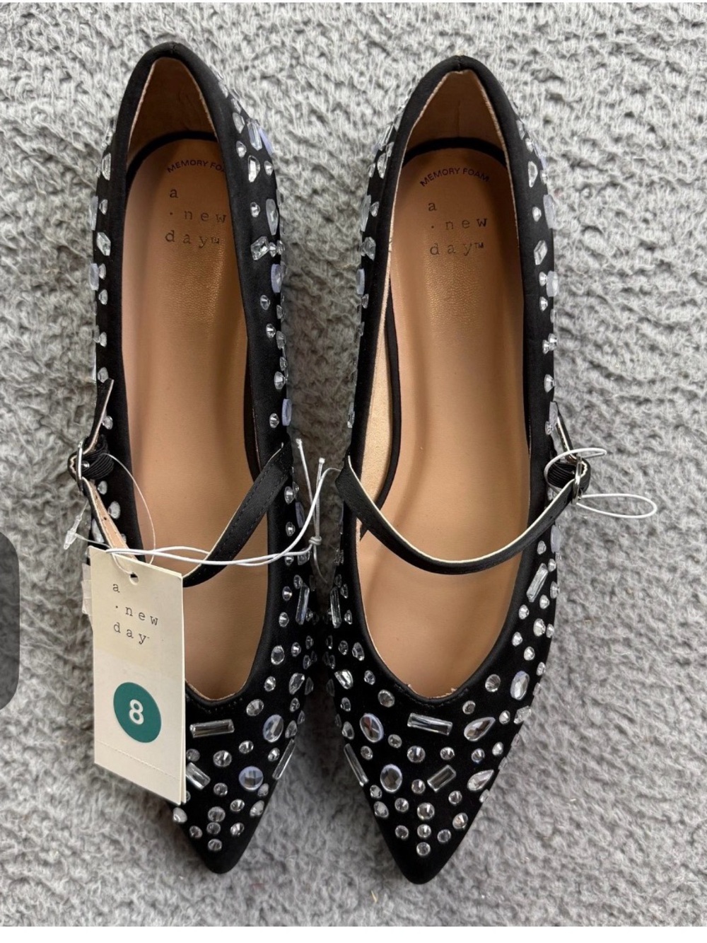 a new day Black Pointed-Toe Mary Jane Flats with Rhinestone Embellishments